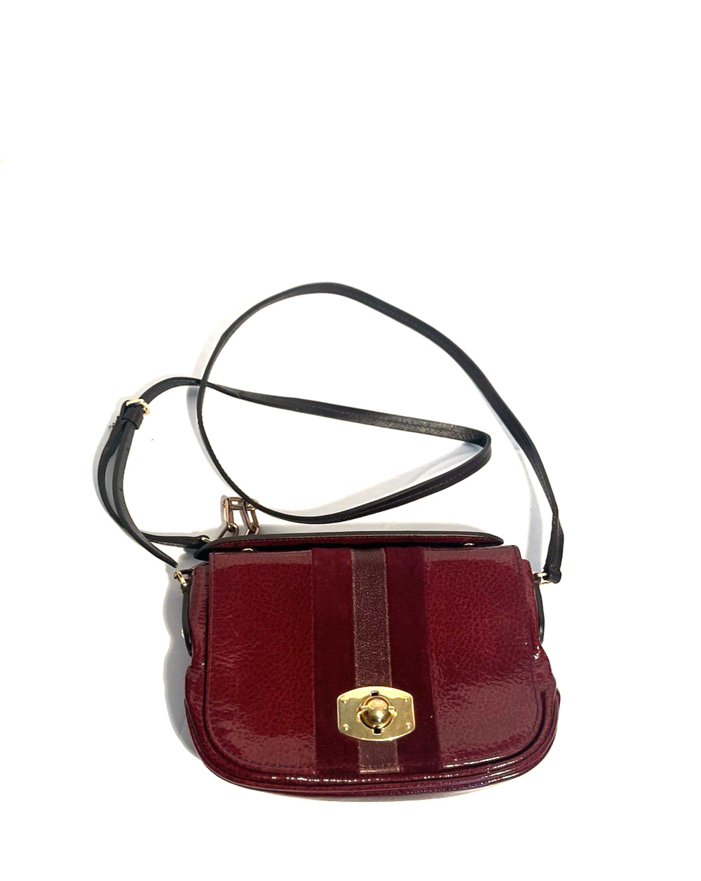 FURLA WOMAN'S RARE BURGUNDY SUEDE/PATENT LEATHER CROSSBODY PLUS TOP HANDLE, EC